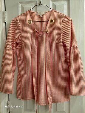 Michael Kors Red and White Striped Eyelet Tie-Neck Long Sleeve Blouse